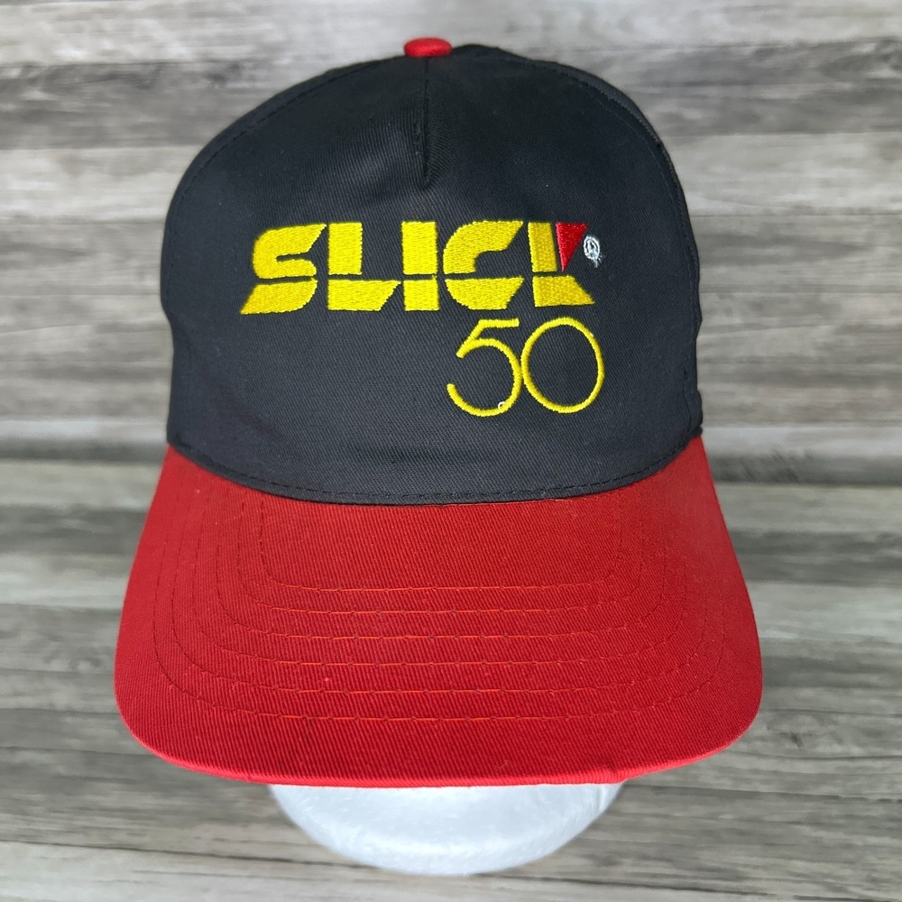 Swingster SLICK 50 Black Red Embroidered Snapback Racing Hat USA Vintage‎